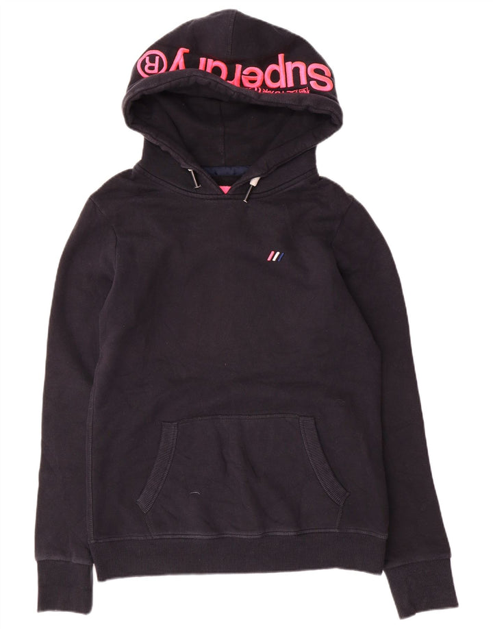 SUPERDRY Womens Graphic Hoodie Jumper UK 12 Medium  Navy Blue Cotton