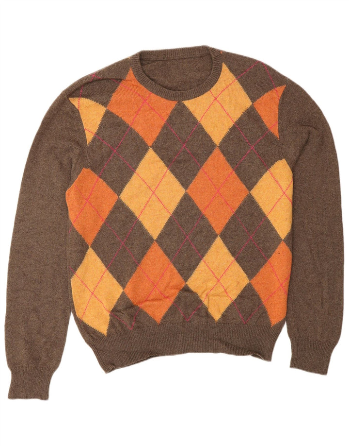 VINTAGE Mens Crew Neck Jumper Sweater IT 48 Small Brown Argyle/Diamond