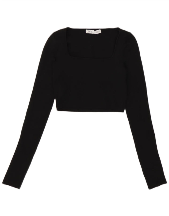Zara Womens Crop Top Long Sleeve UK 8 Small Black