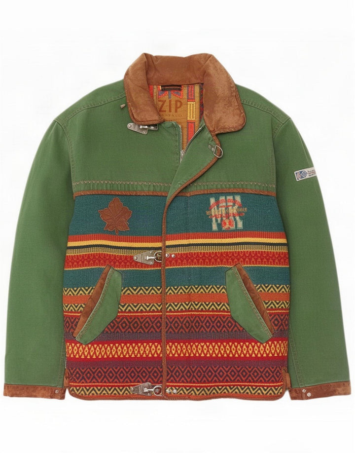 Zip Mens Graphic Duffle Jacket UK 40 Large Green Striped