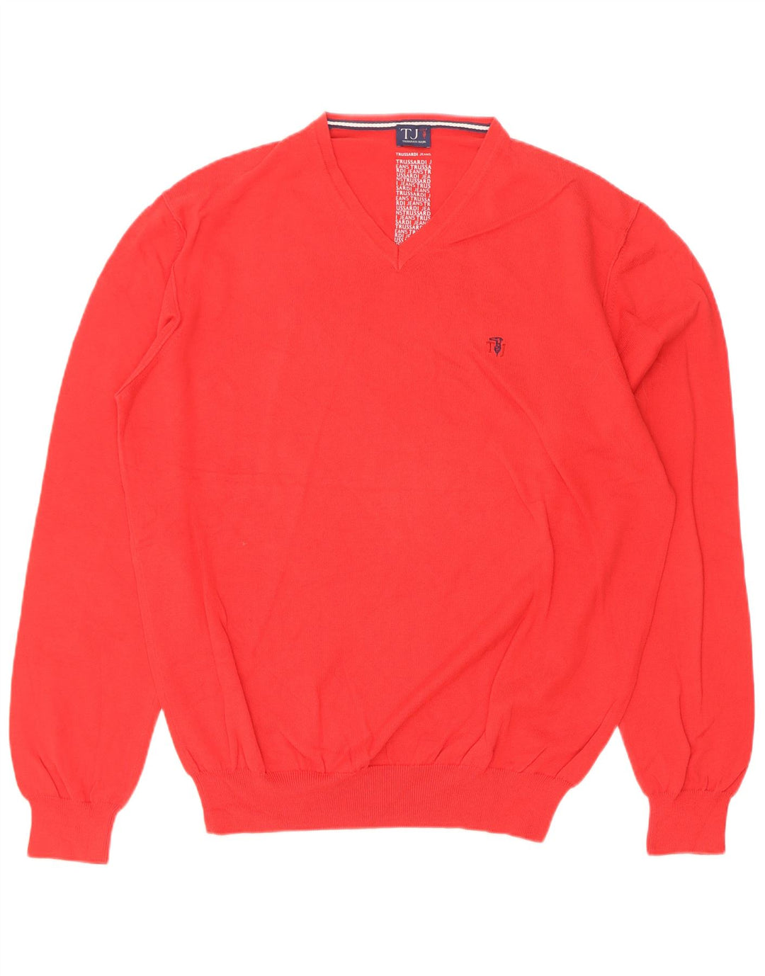 Trussardi Mens V-Neck Jumper Sweater Large Red Cotton