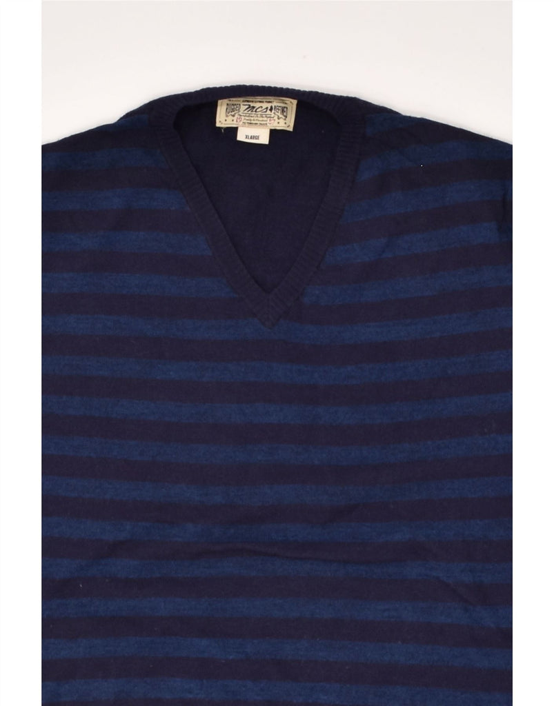 MARLBORO CLASSICS Mens Slim Fit V-Neck Jumper Sweater XL Navy Blue Striped | Vintage Marlboro Classics | Thrift | Second-Hand Marlboro Classics | Used Clothing | Messina Hembry 