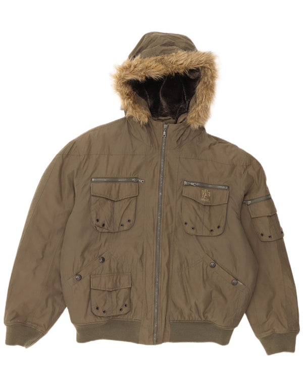 Wampum Mens Hooded Padded Jacket UK 42 XL Khaki Cotton