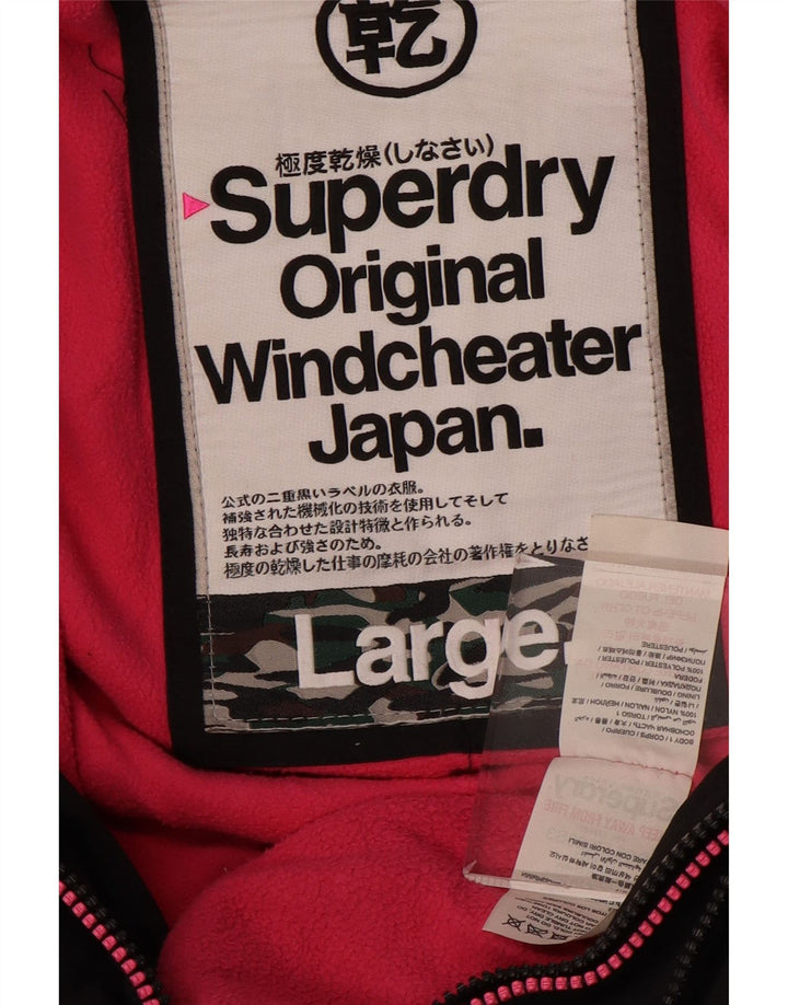 SUPERDRY Womens Windcheater Hooded Windbreaker Jacket UK 16 Large Black