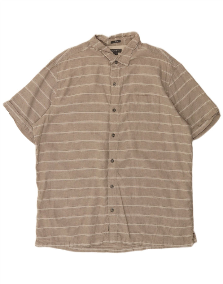 EDDIE BAUER Mens Short Sleeve Classic Fit Shirt 2XL Grey Striped Linen