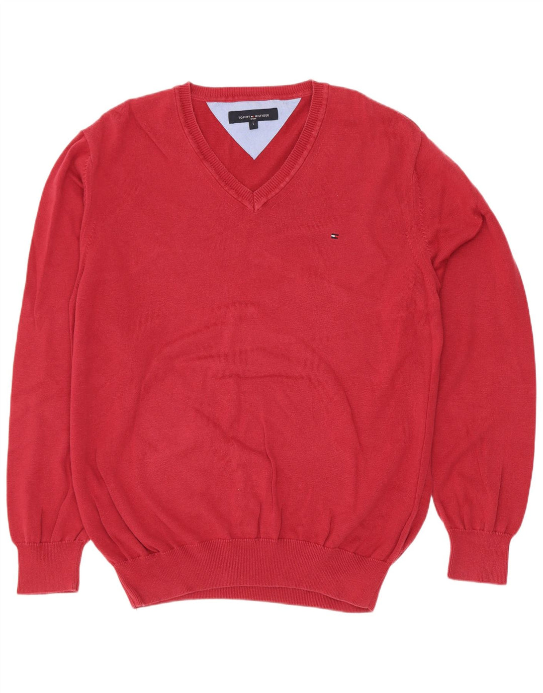 Tommy Hilfiger Mens V-Neck Jumper Sweater Large Red Cotton