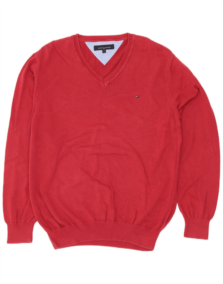 Tommy Hilfiger Mens V-Neck Jumper Sweater Large Red Cotton