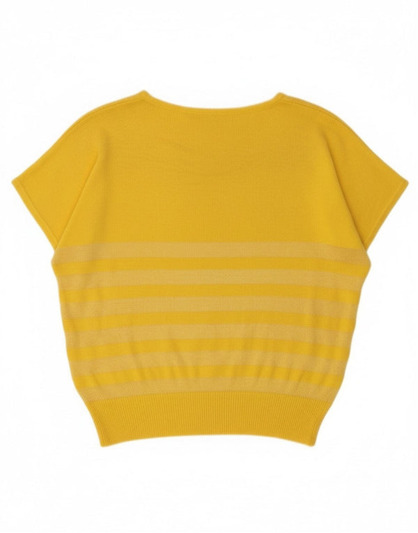 Vintage Womens Graphic Boat Neck Jumper Sweater UK 16 Large Yellow Floral