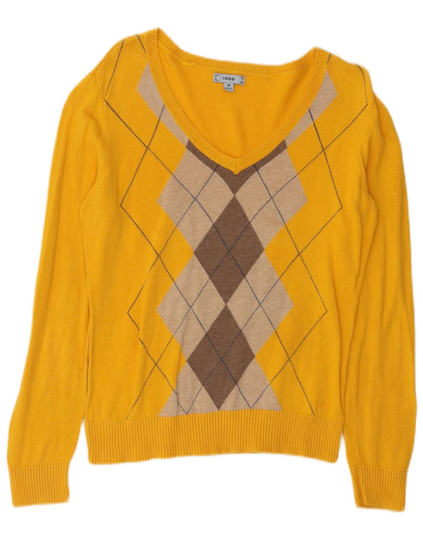 Izod Womens V-Neck Jumper Sweater UK 14 Medium Yellow Argyle/Diamond Cotton