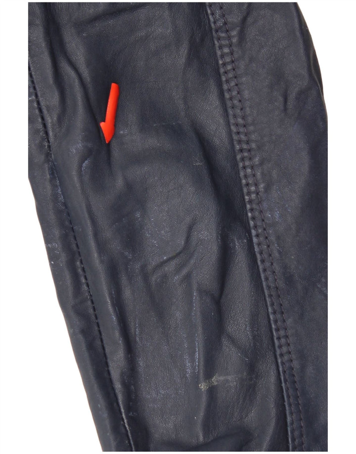 Superdry Womens Hooded Leather Jacket UK 14 Medium Navy Blue Leather