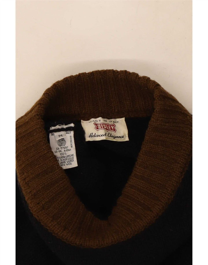 Sisley Mens Turtle Neck Jumper Sweater Medium Black Fair Isle Wool