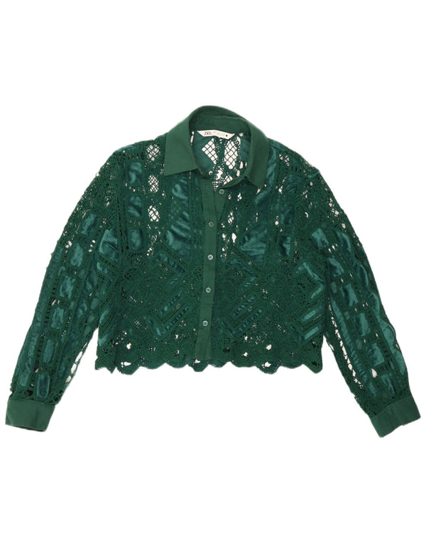 Zara Womens Crop Crochet Shirt Blouse UK 10 Small Green