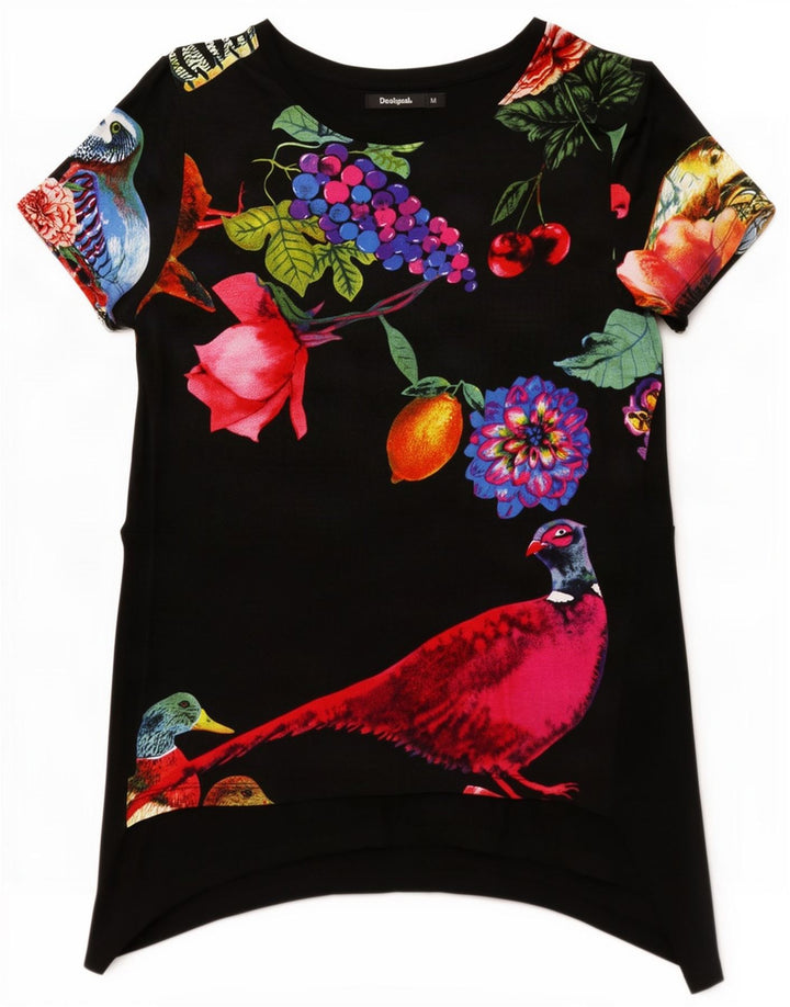 Desigual Womens Peacocks Graphic Tunic Top UK 12 Medium Black Floral