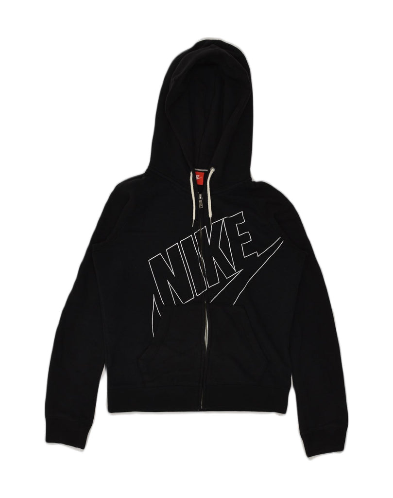 NIKE Womens Graphic Zip Hoodie Sweater UK 6 XS Black Cotton | Vintage Nike | Thrift | Second-Hand Nike | Used Clothing | Messina Hembry 