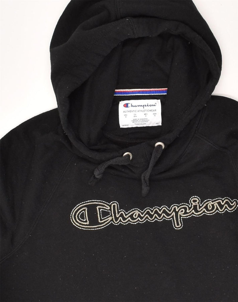 CHAMPION Womens Graphic Hoodie Jumper UK 14 Medium Black Polyester | Vintage Champion | Thrift | Second-Hand Champion | Used Clothing | Messina Hembry 