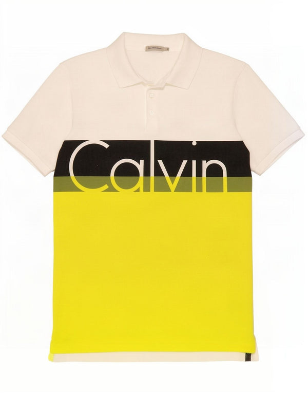 Calvin Klein Jeans Mens Graphic Polo Shirt Medium White Colourblock Cotton