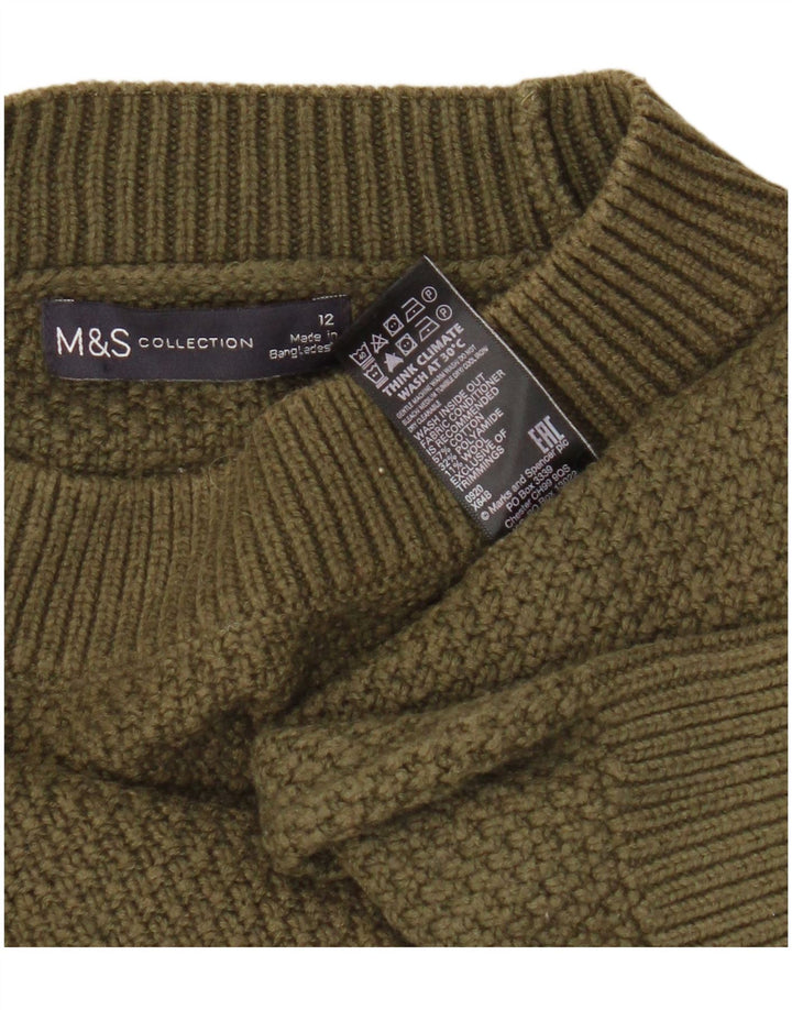 Marks & Spencer Womens Crew Neck Jumper Sweater UK 12 Medium Khaki Cotton