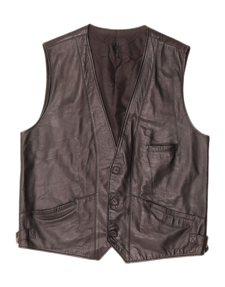VINTAGE Mens Leather Gilet UK 40 Large Black Leather