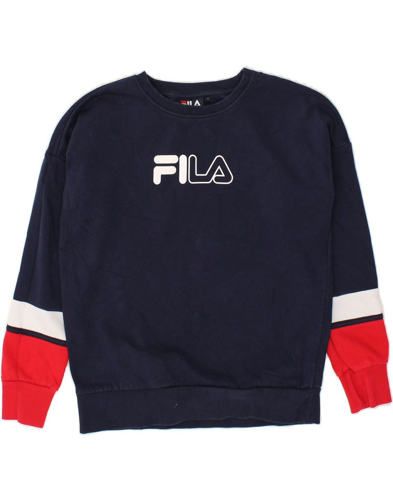 FILA Womens Graphic Sweatshirt Jumper UK 10 Small Navy Blue Cotton | Vintage Fila | Thrift | Second-Hand Fila | Used Clothing | Messina Hembry 