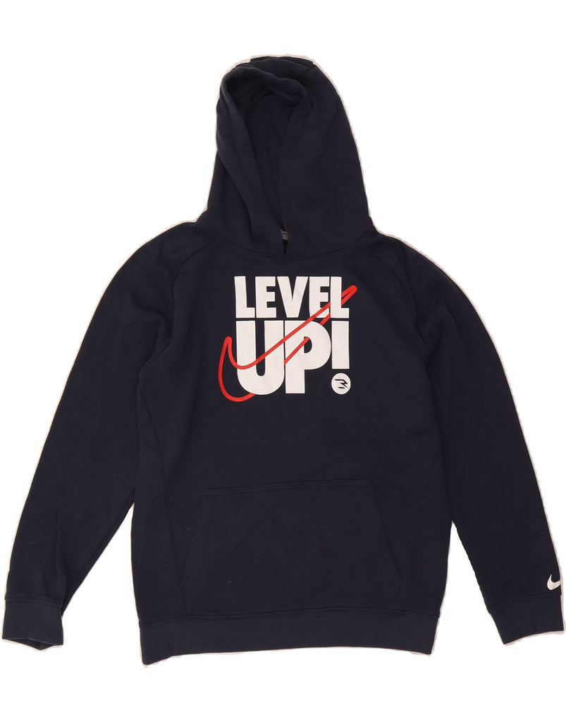 NIKE Boys Graphic Hoodie Jumper 12-13 Years Large Navy Blue Cotton Vintage Nike and Second-Hand Nike from Messina Hembry 