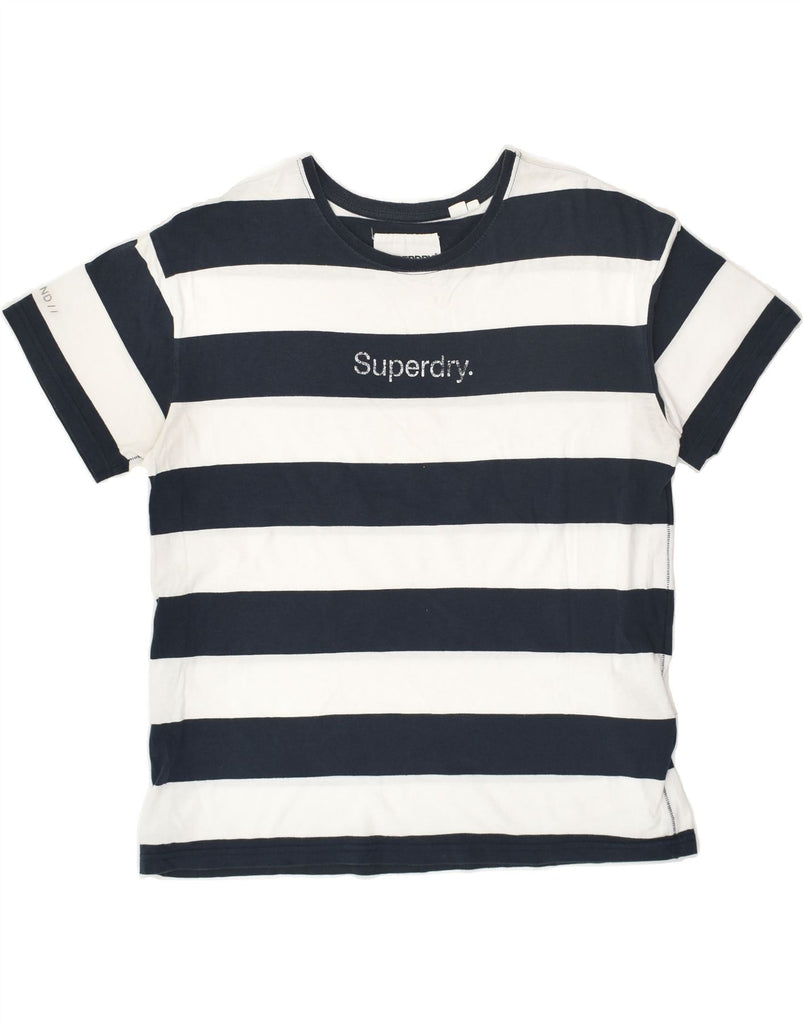 SUPERDRY Womens Graphic T-Shirt Top UK 12 Medium Navy Blue Striped Cotton | Vintage Superdry | Thrift | Second-Hand Superdry | Used Clothing | Messina Hembry 