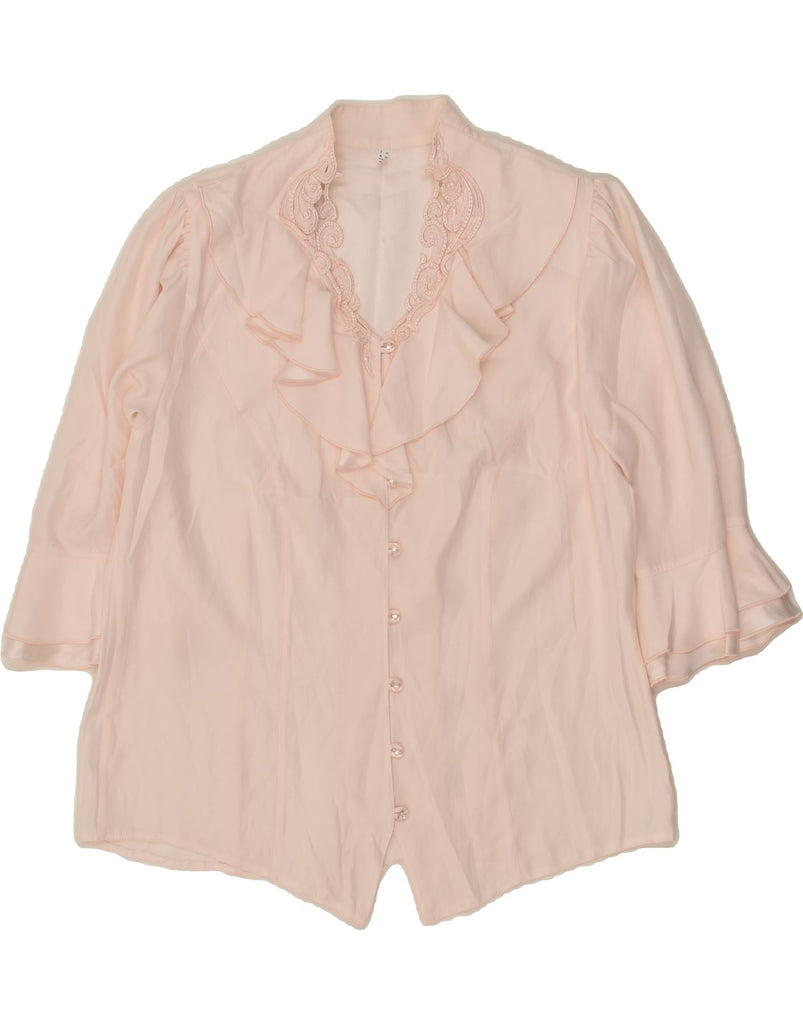 VINTAGE Womens 3/4 Sleeve Ruffle Front Shirt Blouse UK 16 Large Pink Vintage Vintage and Second-Hand Vintage from Messina Hembry 