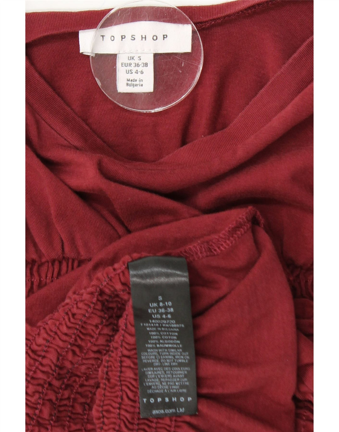 TOPSHOP Womens Crop Blouse Top UK 10 Small Burgundy Cotton