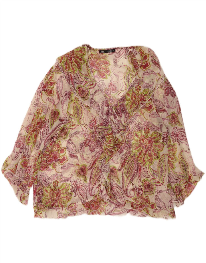 Zara Womens Ruffle Front Blouse Top UK 14 Large Multicoloured Floral