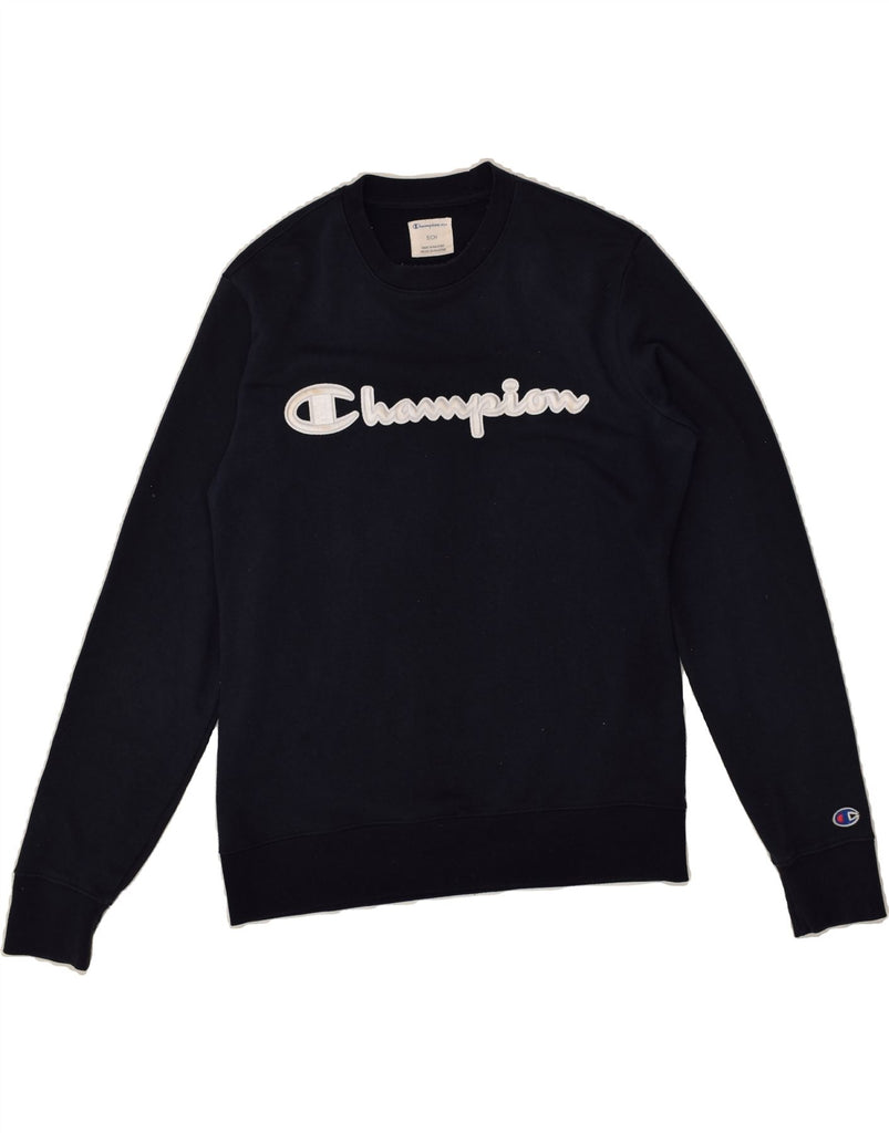 CHAMPION Mens Graphic Sweatshirt Jumper Small Navy Blue Cotton | Vintage Champion | Thrift | Second-Hand Champion | Used Clothing | Messina Hembry 