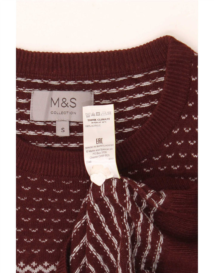 Marks & Spencer Mens Crew Neck Jumper Sweater Small Burgundy Fair Isle