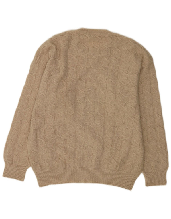 Green Mens Graphic Crew Neck Jumper Sweater Large Beige Virgin Wool