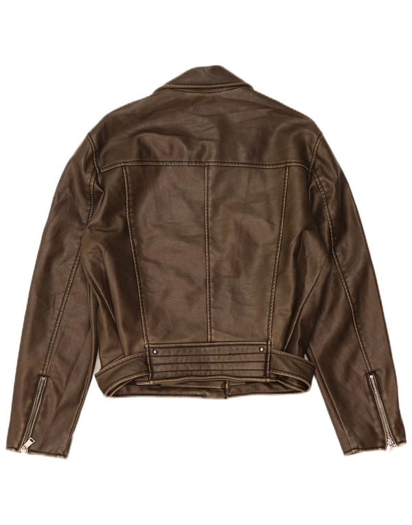 Zara Womens Faux Leather Biker Jacket UK 14 Medium Brown Polyethylene