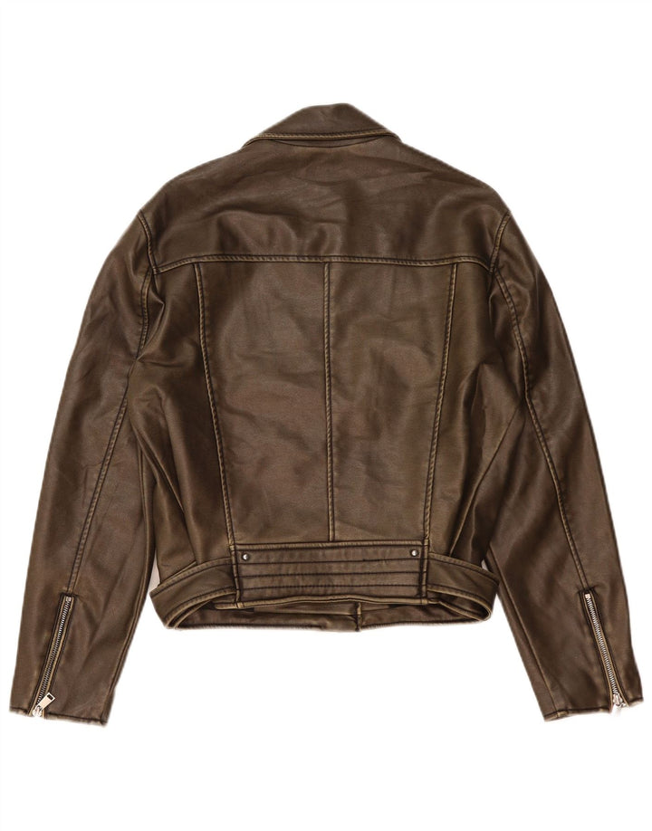 Zara Womens Faux Leather Biker Jacket UK 14 Medium Brown Polyethylene
