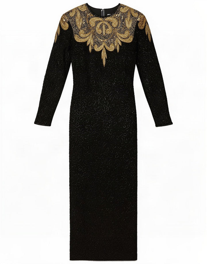 Vintage Womens Evening Abstract Pattern Maxi Dress UK 10 Small Black