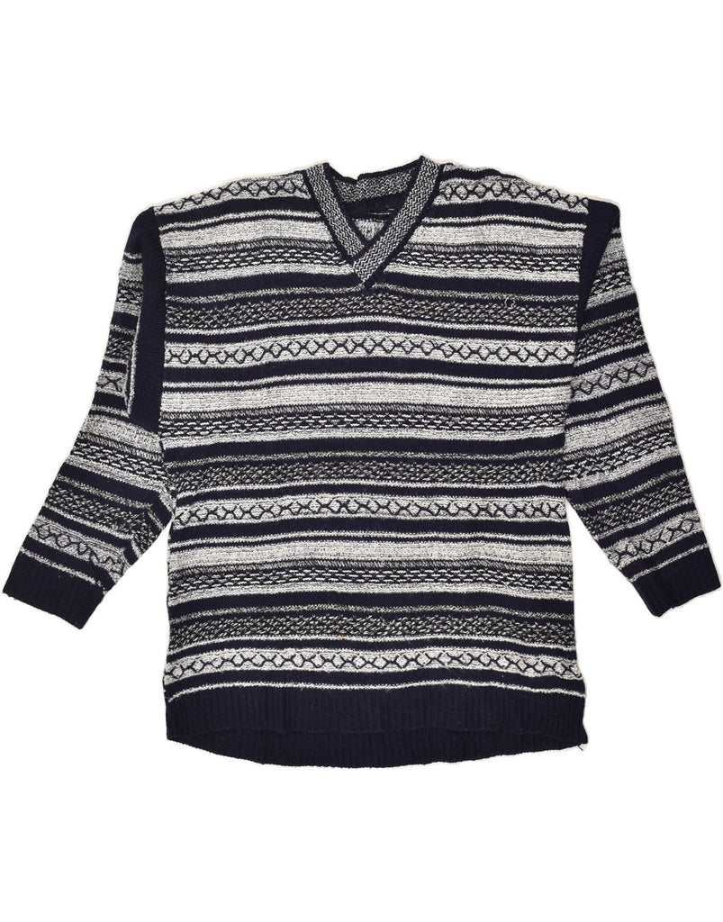 VINTAGE Womens V-Neck Jumper Sweater UK 16 Large Navy Blue Striped Acrylic | Vintage Vintage | Thrift | Second-Hand Vintage | Used Clothing | Messina Hembry 