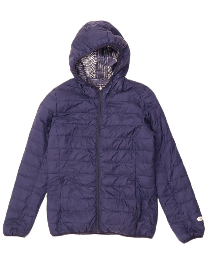 Champion Womens Hooded Padded Jacket IT 46 Large Navy Blue Patchwork
