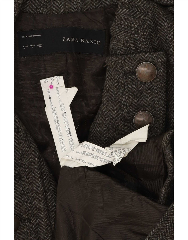 Zara Womens Double Breasted Military Overcoat UK 10 Small Grey Herringbone