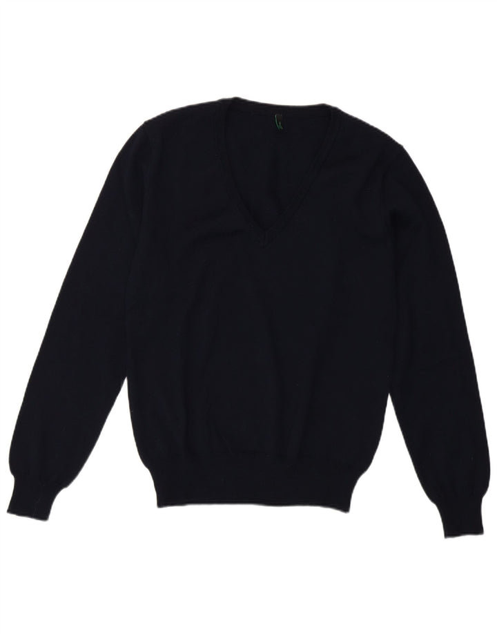 Benetton Womens V-Neck Jumper Sweater UK 10 Small Navy Blue Wool