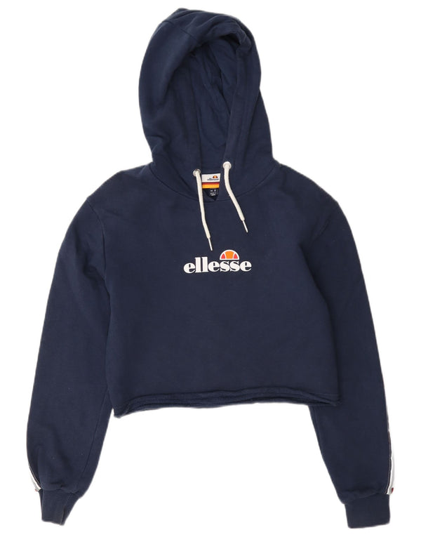 Ellesse Womens Crop Graphic Hoodie Jumper UK 8 Small Navy Blue Colourblock