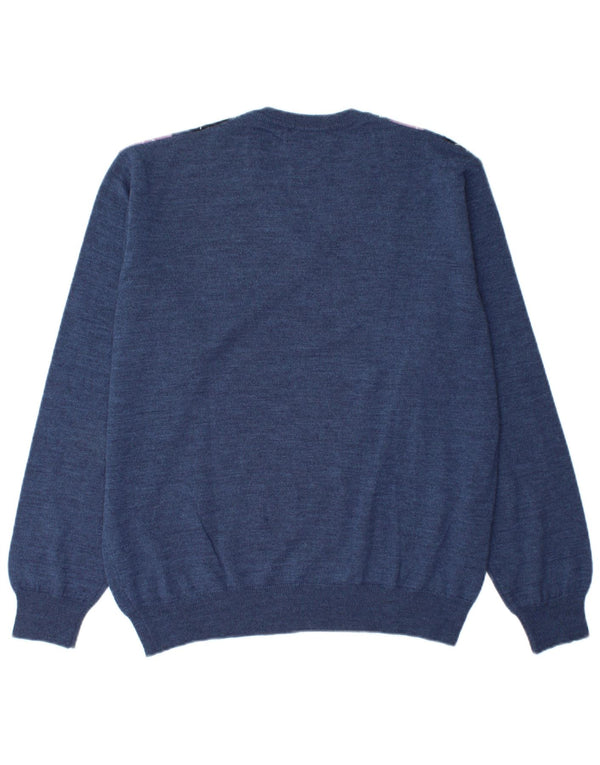 Il Granchio Mens V-Neck Jumper Sweater Large Navy Blue Argyle/Diamond