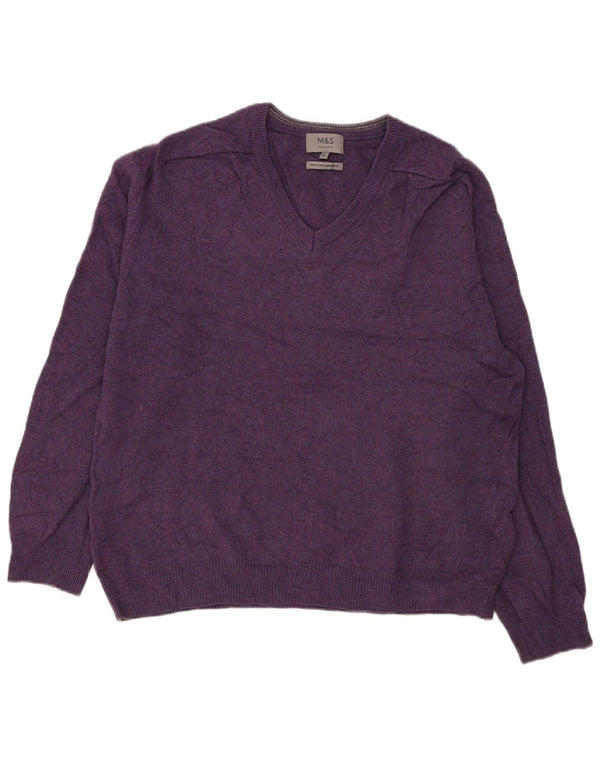 Marks & Spencer Mens V-Neck Jumper Sweater XL Purple Wool