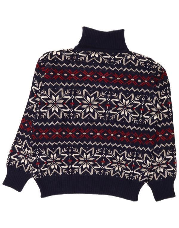 Vintage Mens Roll Neck Jumper Sweater Large Navy Blue Fair Isle