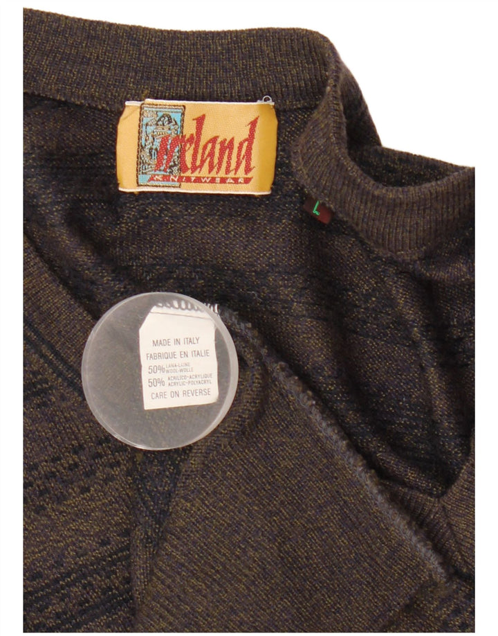 Ireland Mens V-Neck Jumper Sweater Large Khaki Striped Wool