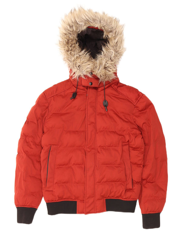 Zara Mens Hooded Crop Padded Jacket UK 40 Medium Red Polyester