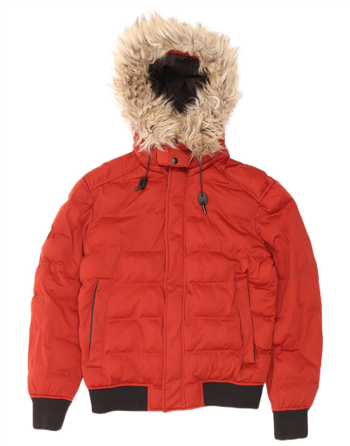 Zara Mens Hooded Crop Padded Jacket UK 40 Medium Red Polyester
