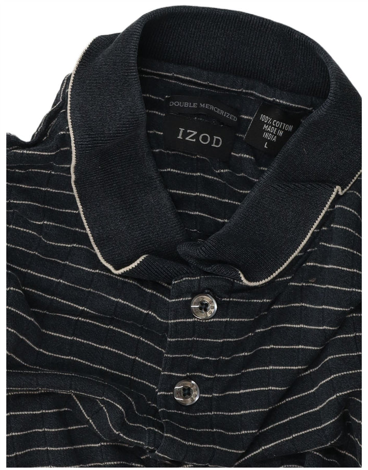 IZOD Mens Polo Shirt Large Navy Blue Striped Cotton