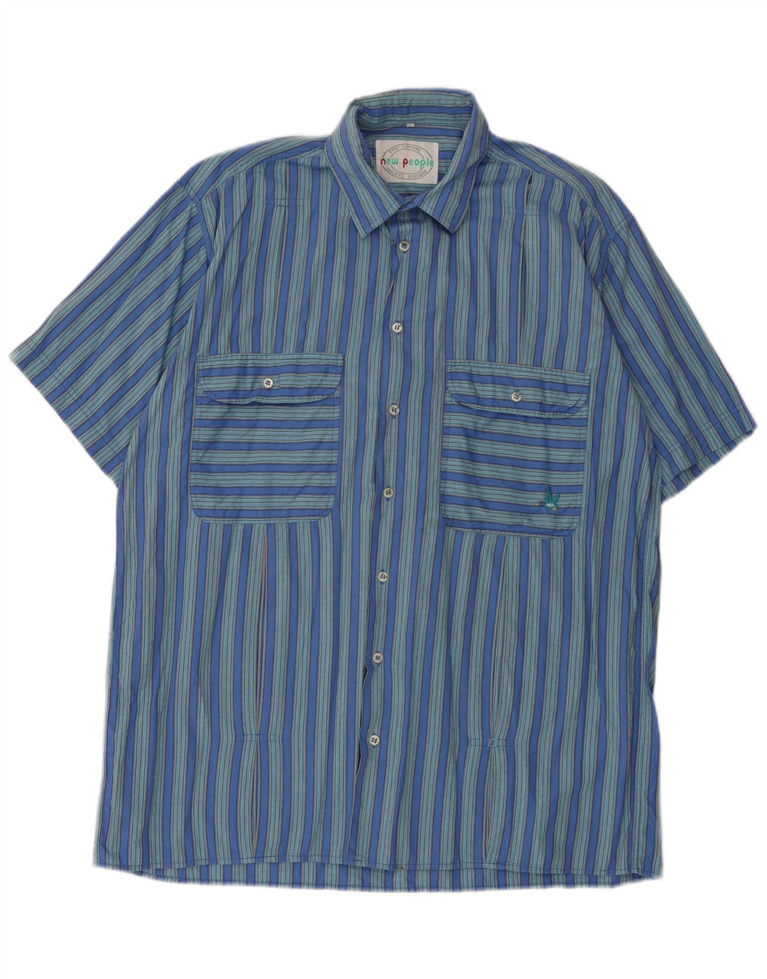 Vintage Mens Short Sleeve Shirt Large Blue Striped Cotton
