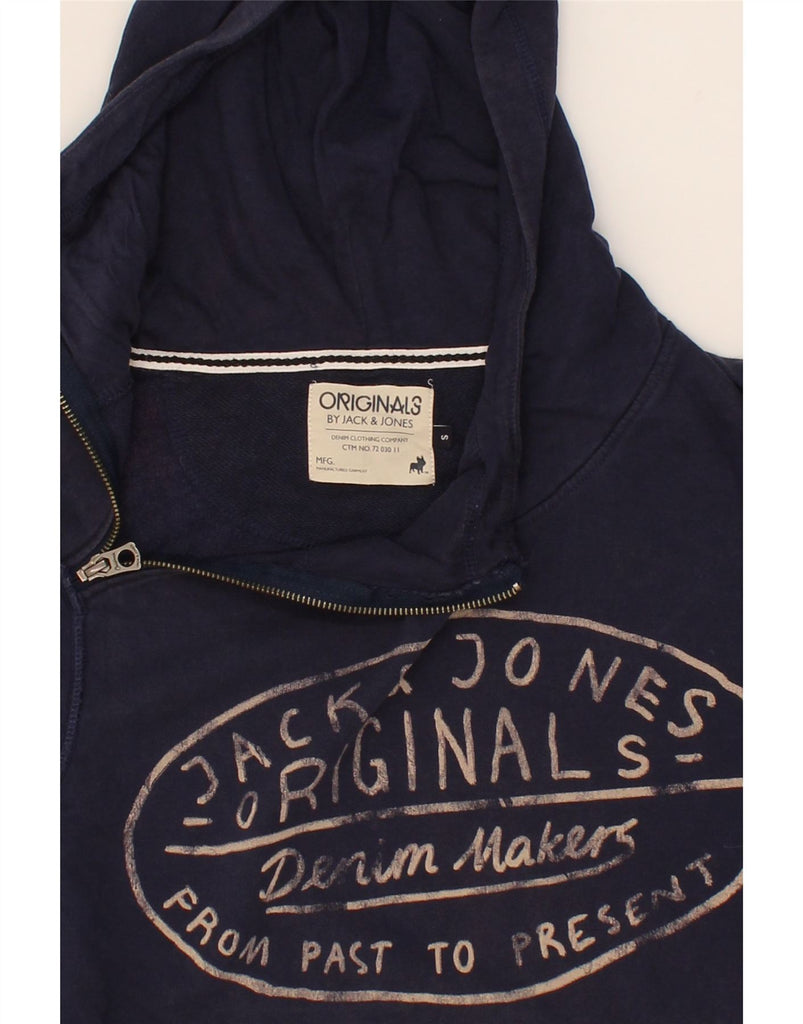 JACK & JONES Mens Graphic Zip Neck Hoodie Jumper Small Navy Blue Cotton Vintage Jack & Jones and Second-Hand Jack & Jones from Messina Hembry 