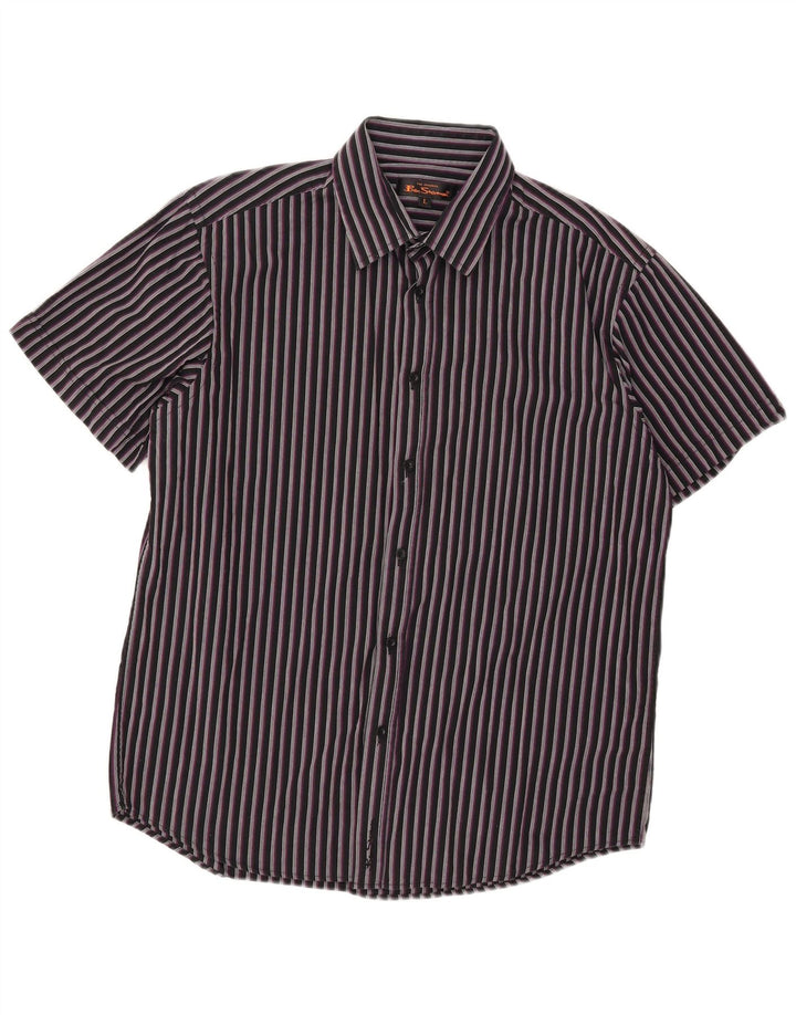Ben Sherman Mens Short Sleeve Shirt Large Black Striped Cotton