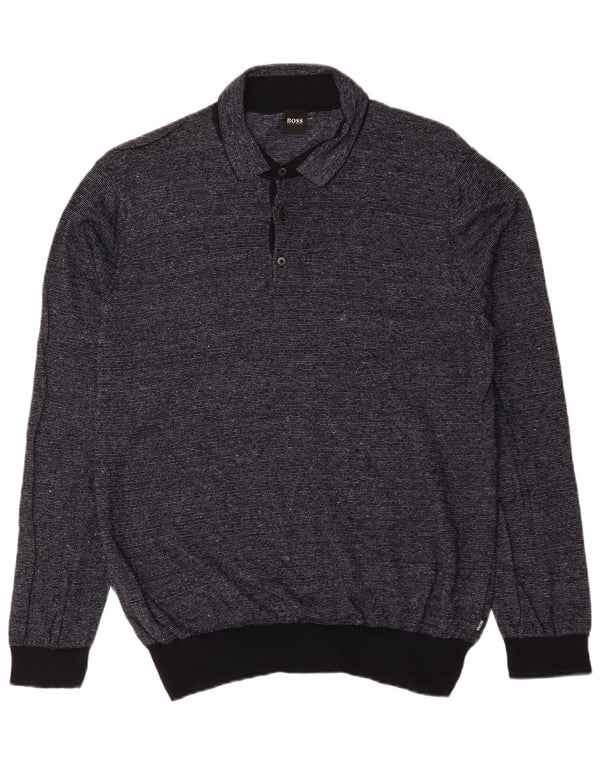 Hugo Boss Mens Polo Neck Jumper Sweater 2XL Black Pinstripe Cotton